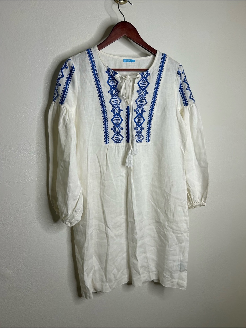 J. McLaughlin 100% Linen White Blue Embroidered Long Sleeve Midi Length Dress